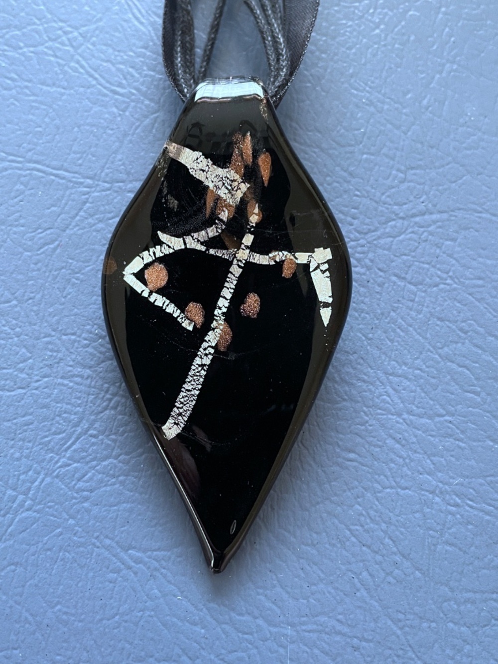 Blown Glass Teardrop Pendant Necklace Handcrafted Black Silver Gold Abstract